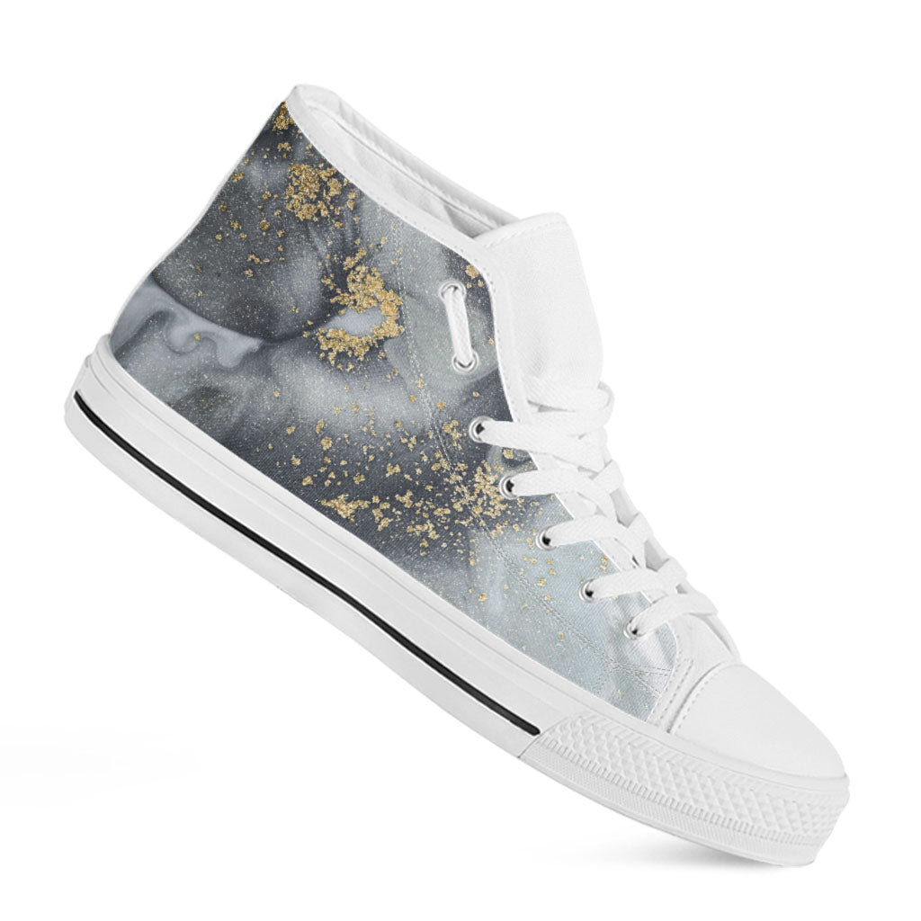 Grey Gold Liquid Marble Print White High Top Sneakers