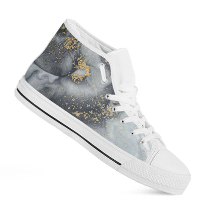 Grey Gold Liquid Marble Print White High Top Sneakers