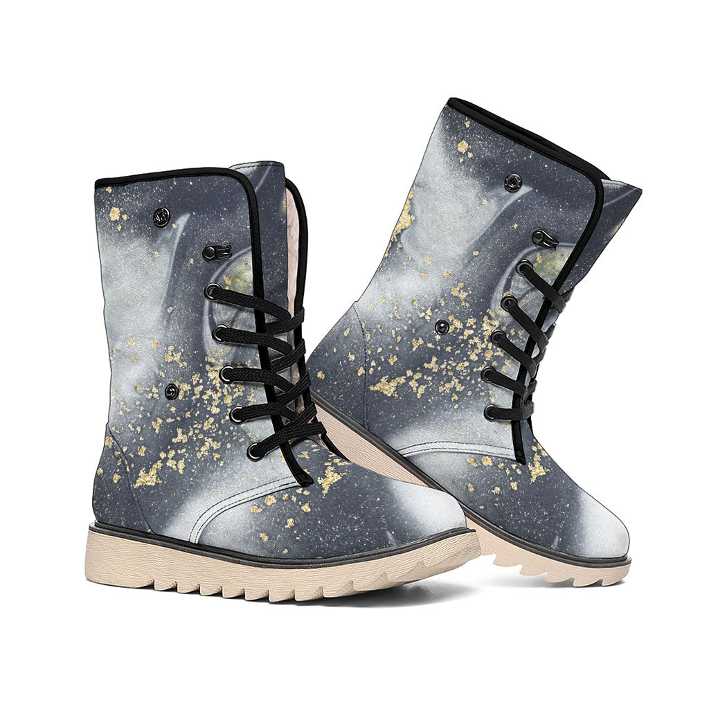 Grey Gold Liquid Marble Print Winter Boots