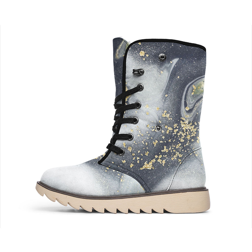 Grey Gold Liquid Marble Print Winter Boots