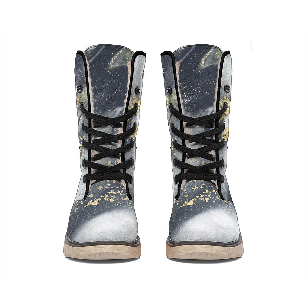 Grey Gold Liquid Marble Print Winter Boots