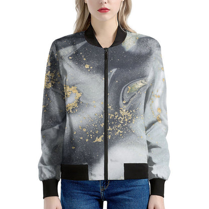 Grey Gold Liquid Marble Print Women's Bomber Jacket