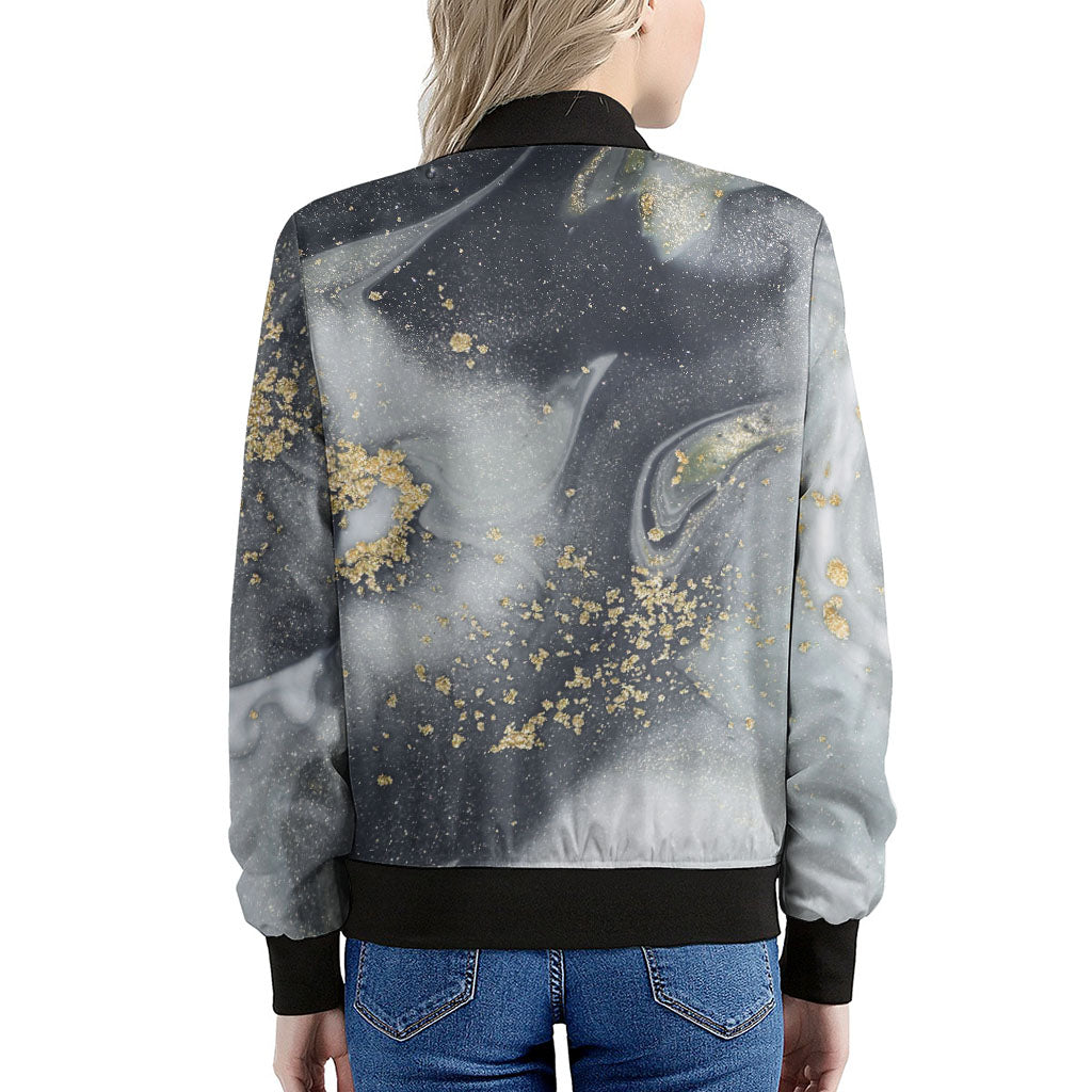 Grey Gold Liquid Marble Print Women's Bomber Jacket