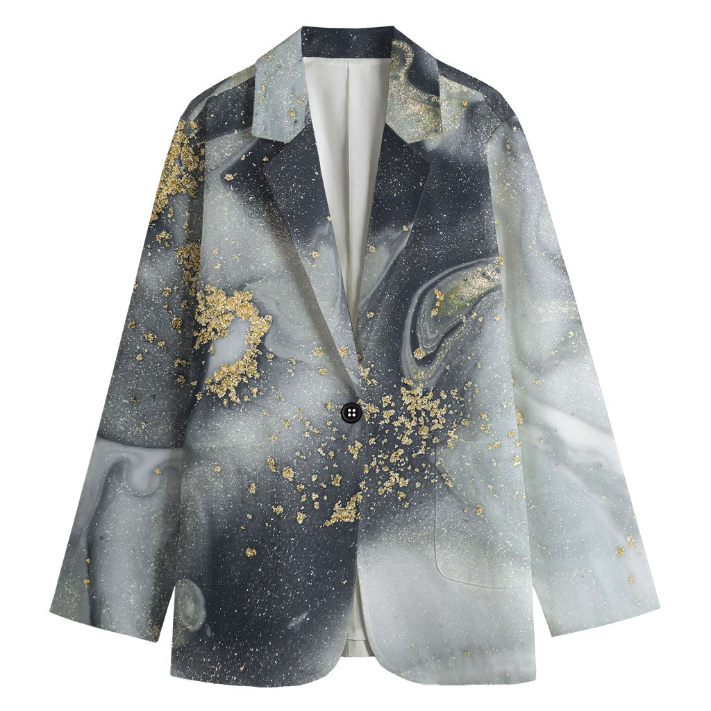 Grey Gold Liquid Marble Print Women's Cotton Blazer