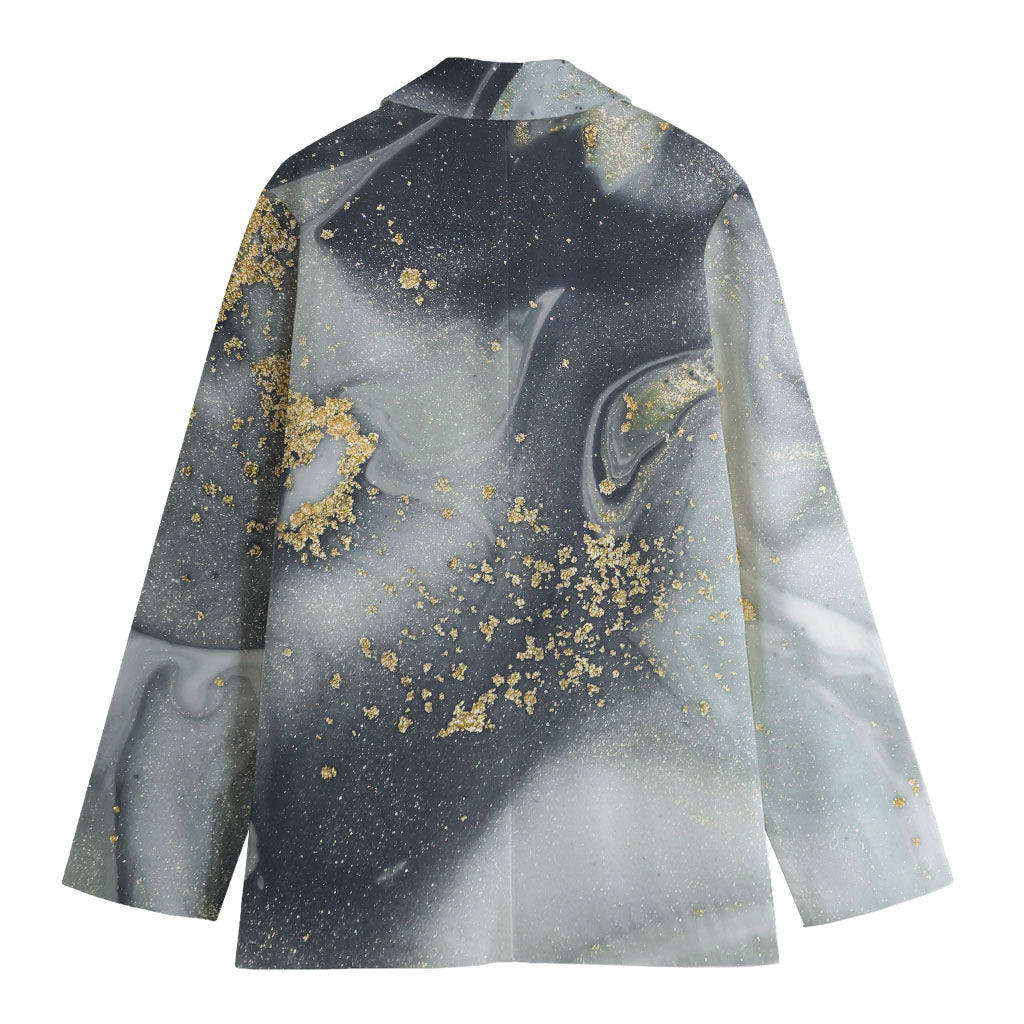 Grey Gold Liquid Marble Print Women's Cotton Blazer