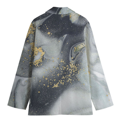 Grey Gold Liquid Marble Print Women's Cotton Blazer