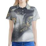 Grey Gold Liquid Marble Print Women's Polo Shirt