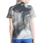 Grey Gold Liquid Marble Print Women's Polo Shirt