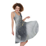 Grey Gold Liquid Marble Print Women's Sleeveless Dress