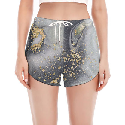 Grey Gold Liquid Marble Print Women's Split Running Shorts