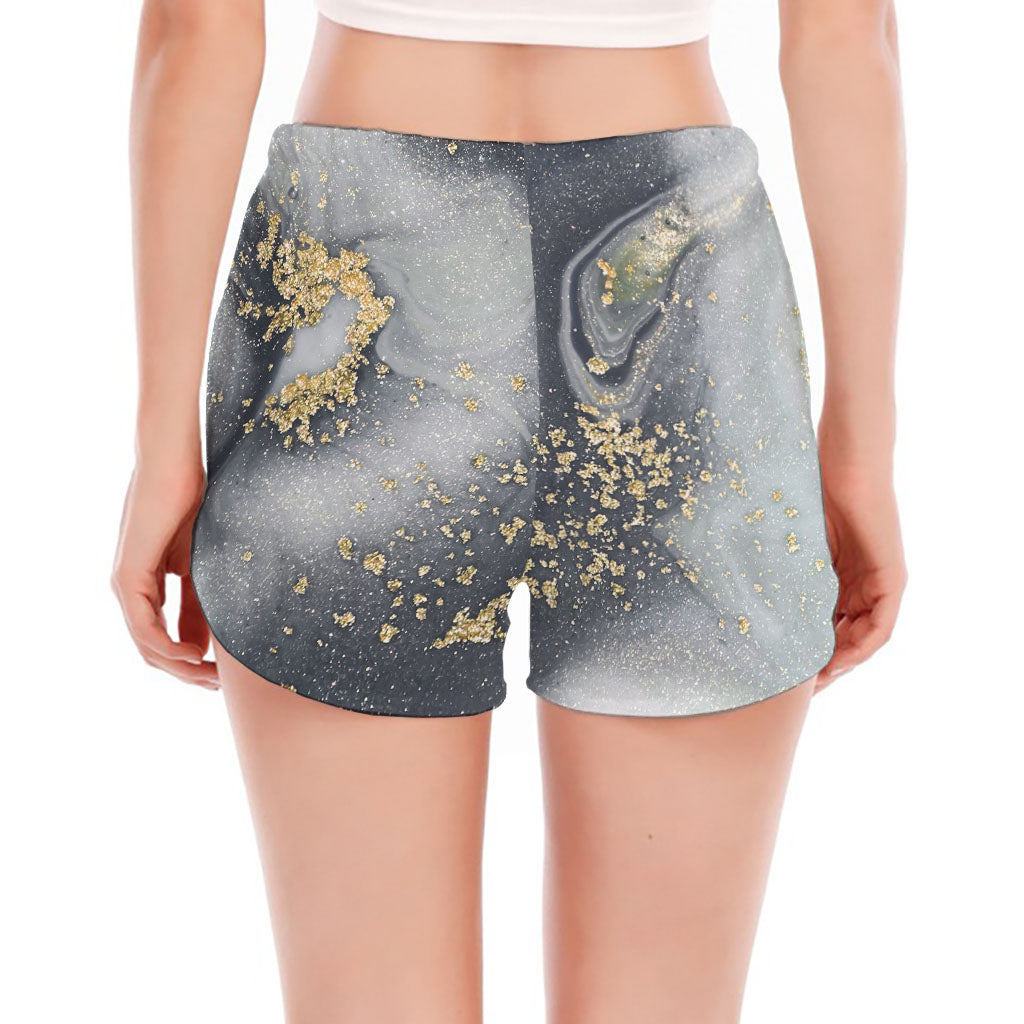 Grey Gold Liquid Marble Print Women's Split Running Shorts
