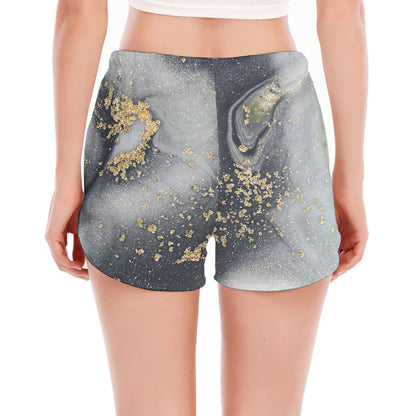 Grey Gold Liquid Marble Print Women's Split Running Shorts