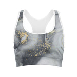 Grey Gold Liquid Marble Print Women's Sports Bra