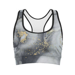 Grey Gold Liquid Marble Print Women's Sports Bra