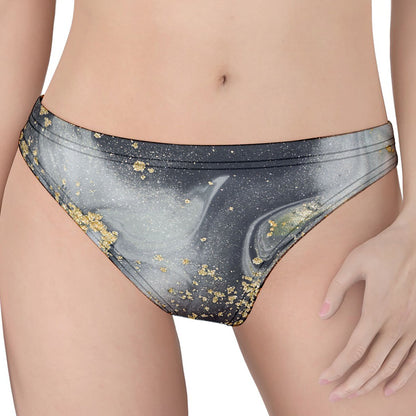 Grey Gold Liquid Marble Print Women's Thong