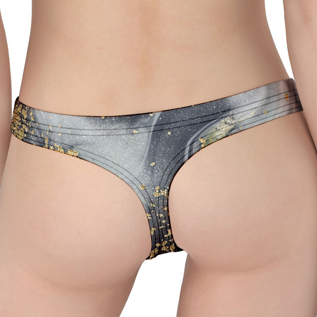 Grey Gold Liquid Marble Print Women's Thong