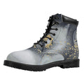 Grey Gold Liquid Marble Print Padded Collar Lace Up Boots