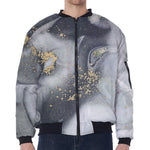 Grey Gold Liquid Marble Print Zip Sleeve Bomber Jacket