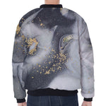 Grey Gold Liquid Marble Print Zip Sleeve Bomber Jacket