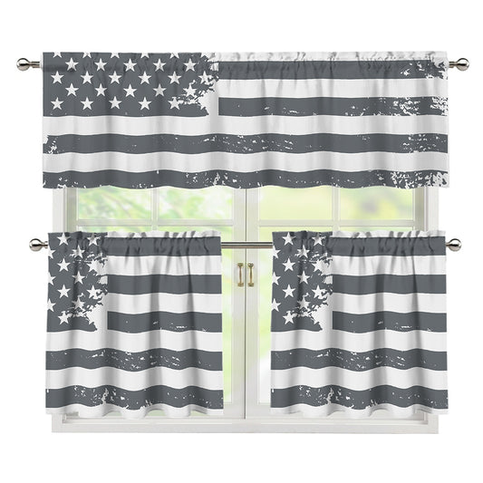 Grey Grunge American Flag Print 3 Piece Kitchen Curtains