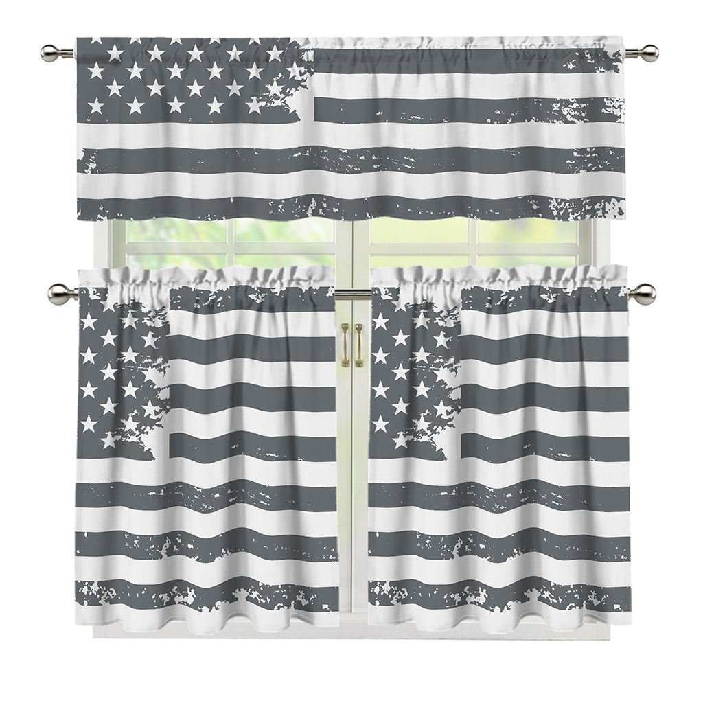 Grey Grunge American Flag Print 3 Piece Kitchen Curtains