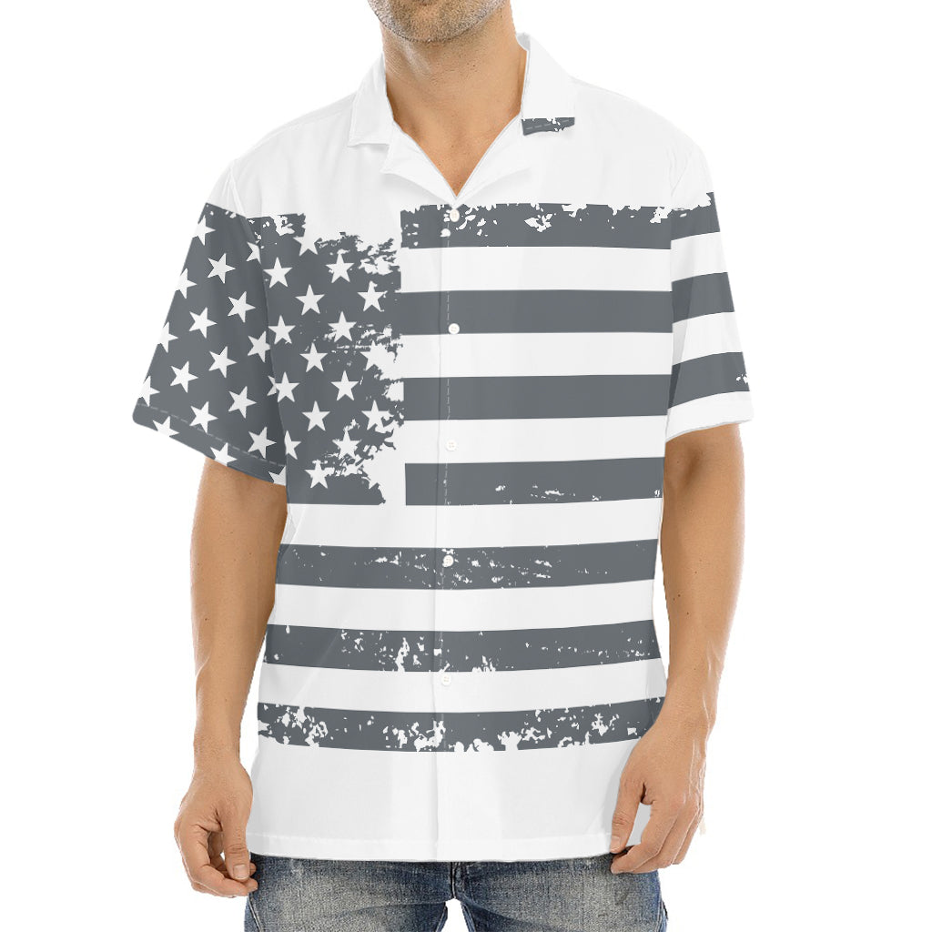 Grey Grunge American Flag Print Aloha Shirt