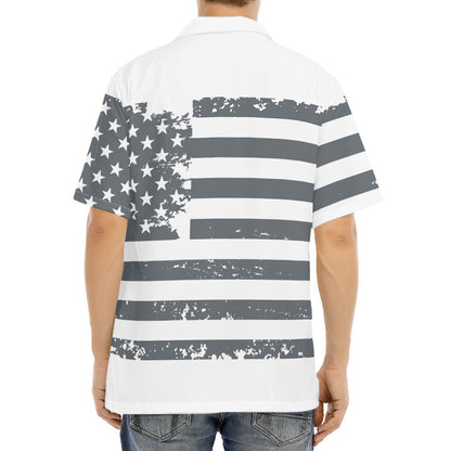 Grey Grunge American Flag Print Aloha Shirt