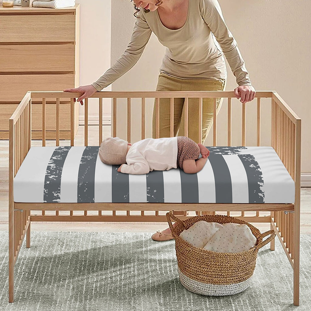 Grey Grunge American Flag Print Baby Crib Sheet