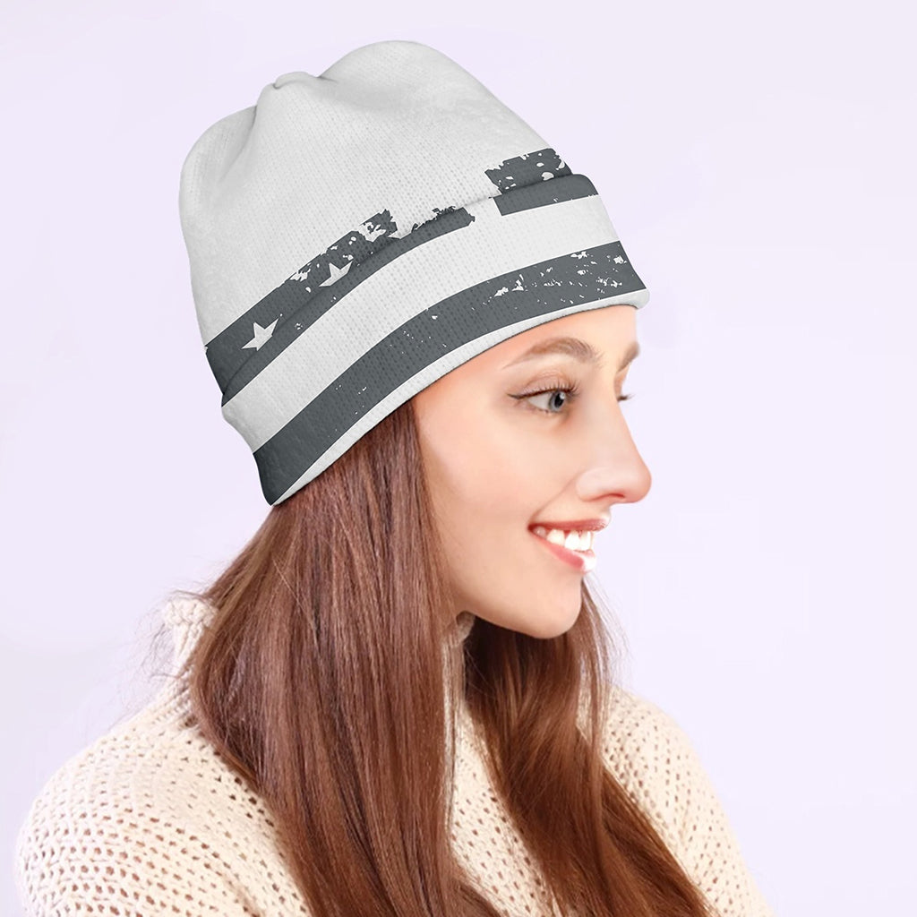 Grey Grunge American Flag Print Beanie