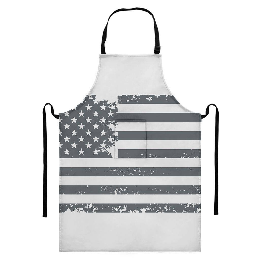 Grey Grunge American Flag Print Bib Apron With Pocket