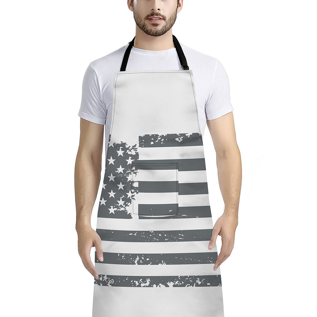 Grey Grunge American Flag Print Bib Apron With Pocket