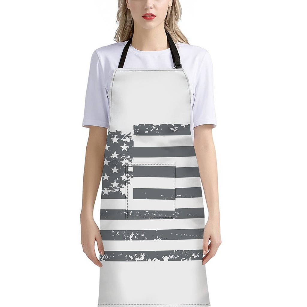 Grey Grunge American Flag Print Bib Apron With Pocket