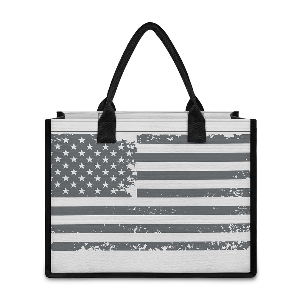 Grey Grunge American Flag Print Canvas Tote Bag