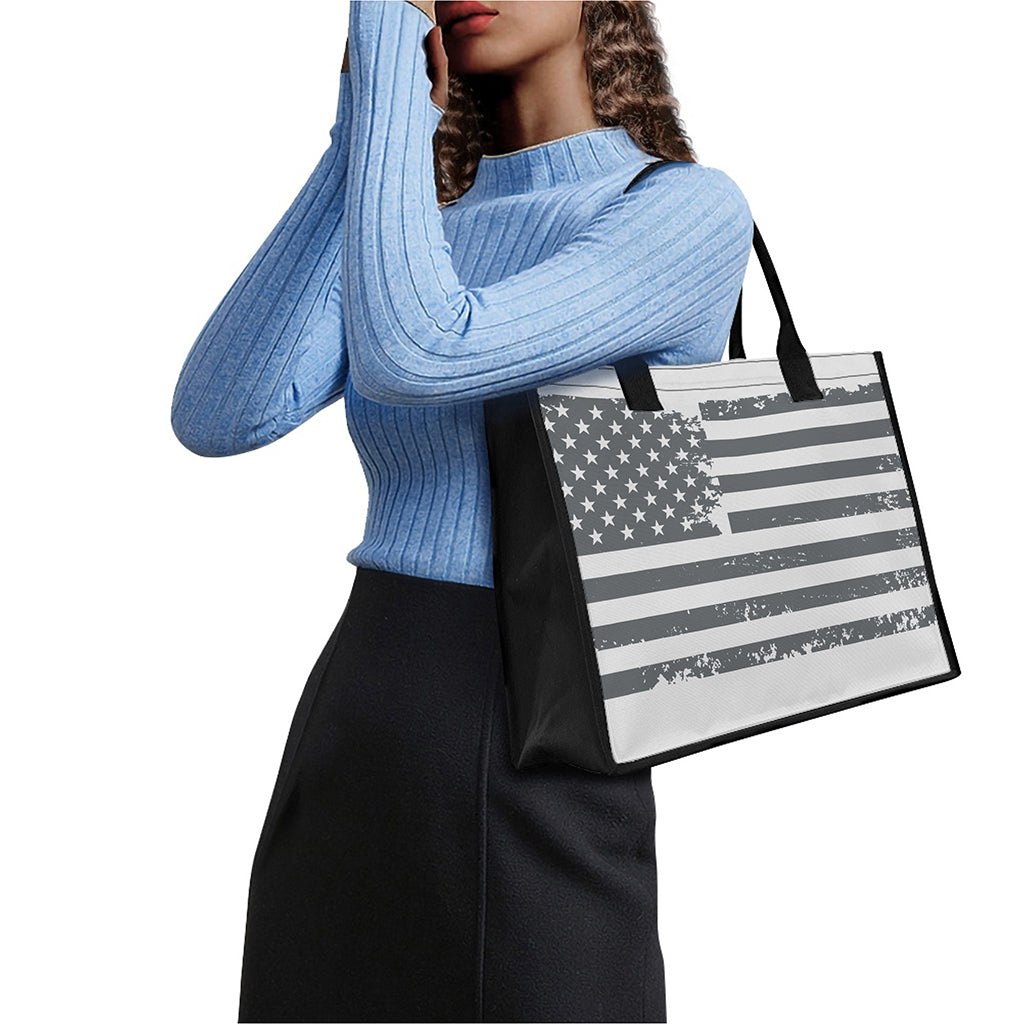 Grey Grunge American Flag Print Canvas Tote Bag
