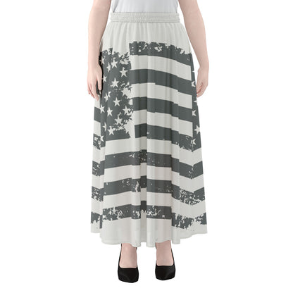 Grey Grunge American Flag Print Chiffon Maxi Skirt
