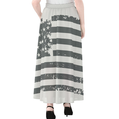 Grey Grunge American Flag Print Chiffon Maxi Skirt