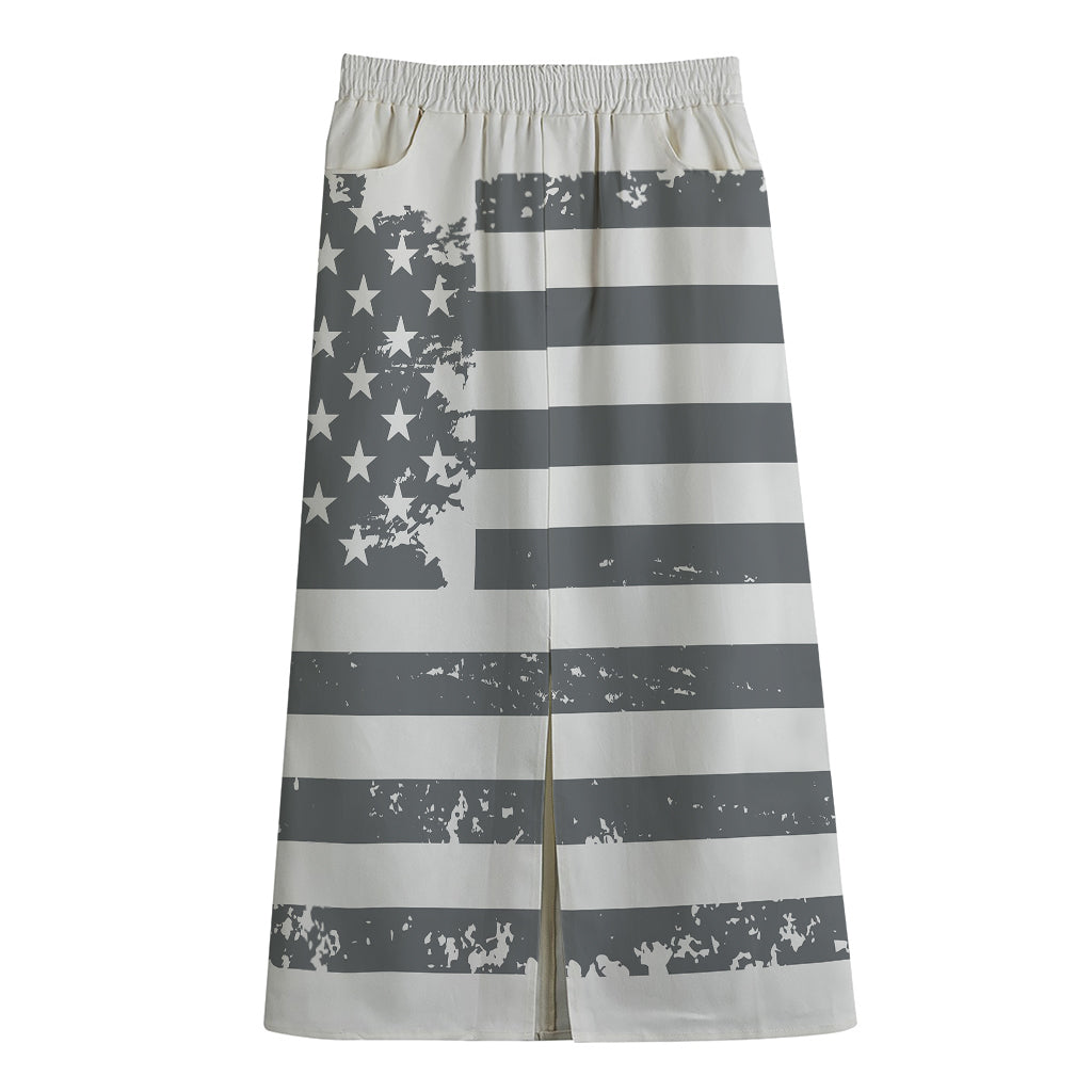 Grey Grunge American Flag Print Cotton Front Slit Maxi Skirt