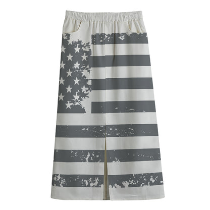 Grey Grunge American Flag Print Cotton Front Slit Maxi Skirt