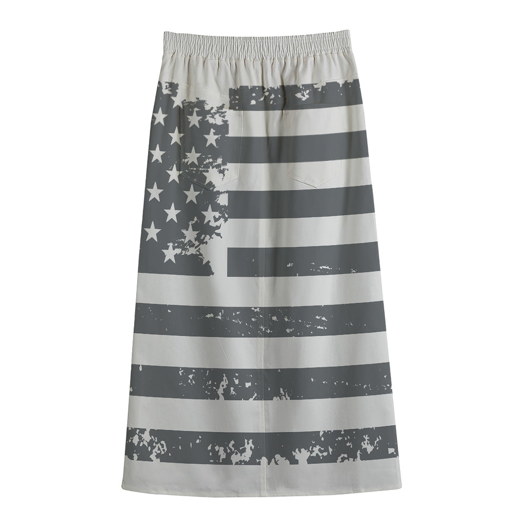 Grey Grunge American Flag Print Cotton Front Slit Maxi Skirt