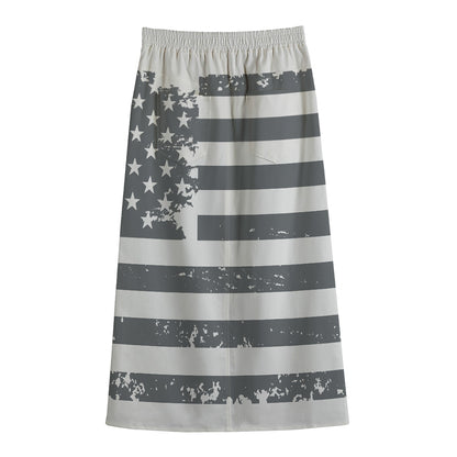 Grey Grunge American Flag Print Cotton Front Slit Maxi Skirt