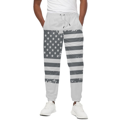 Grey Grunge American Flag Print Cotton Pants