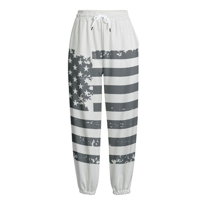 Grey Grunge American Flag Print Fleece Lined Knit Pants