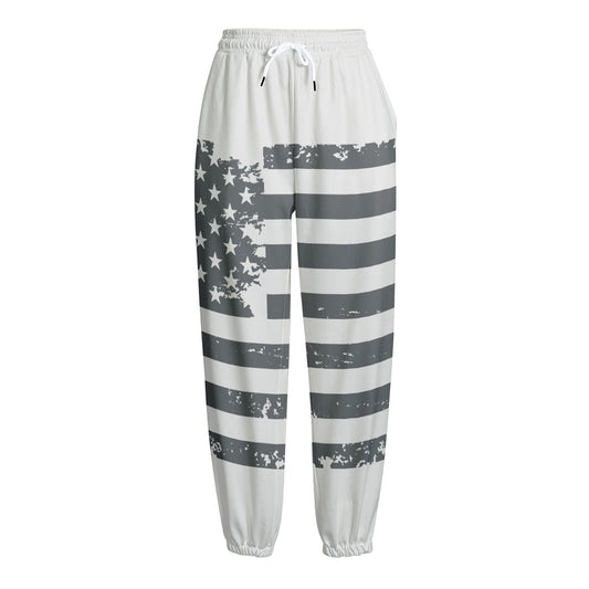 Grey Grunge American Flag Print Fleece Lined Knit Pants