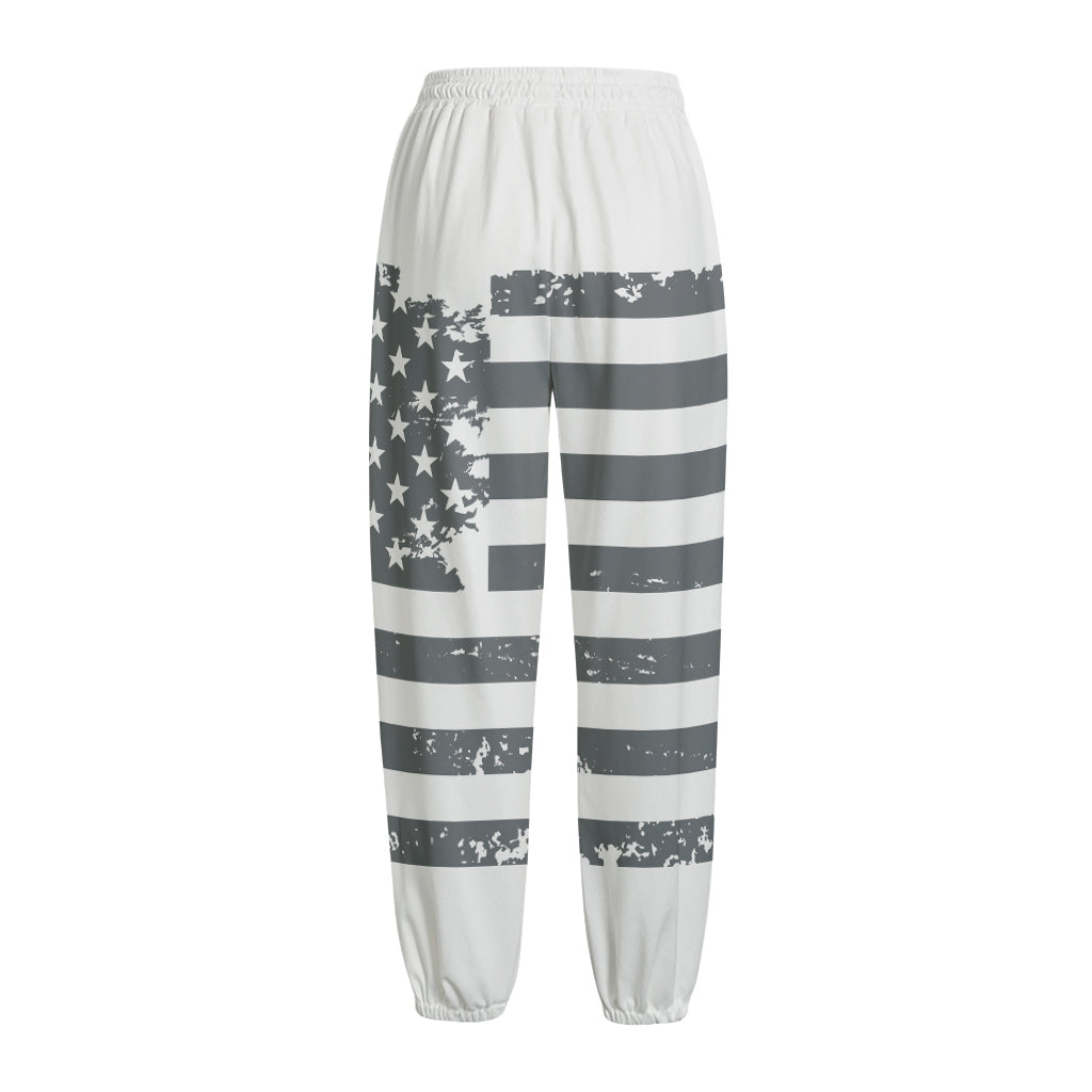 Grey Grunge American Flag Print Fleece Lined Knit Pants