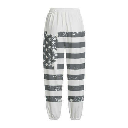 Grey Grunge American Flag Print Fleece Lined Knit Pants