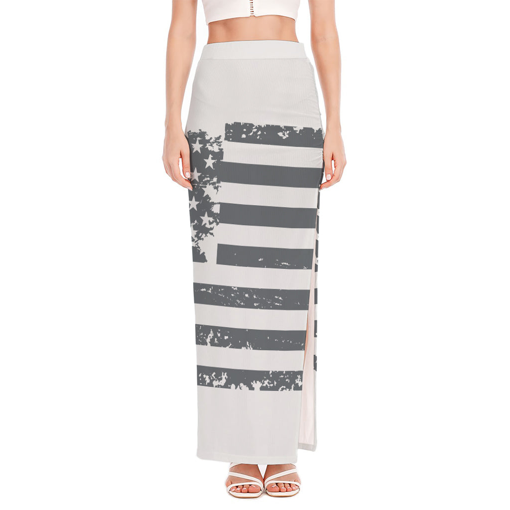Grey Grunge American Flag Print High Slit Maxi Skirt