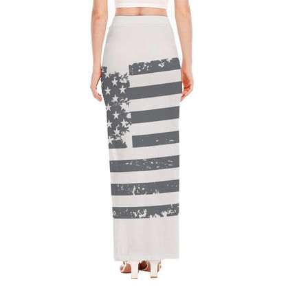 Grey Grunge American Flag Print High Slit Maxi Skirt