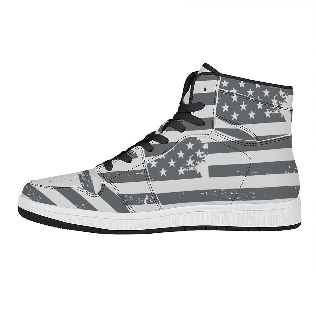 Grey Grunge American Flag Print High Top Leather Sneakers