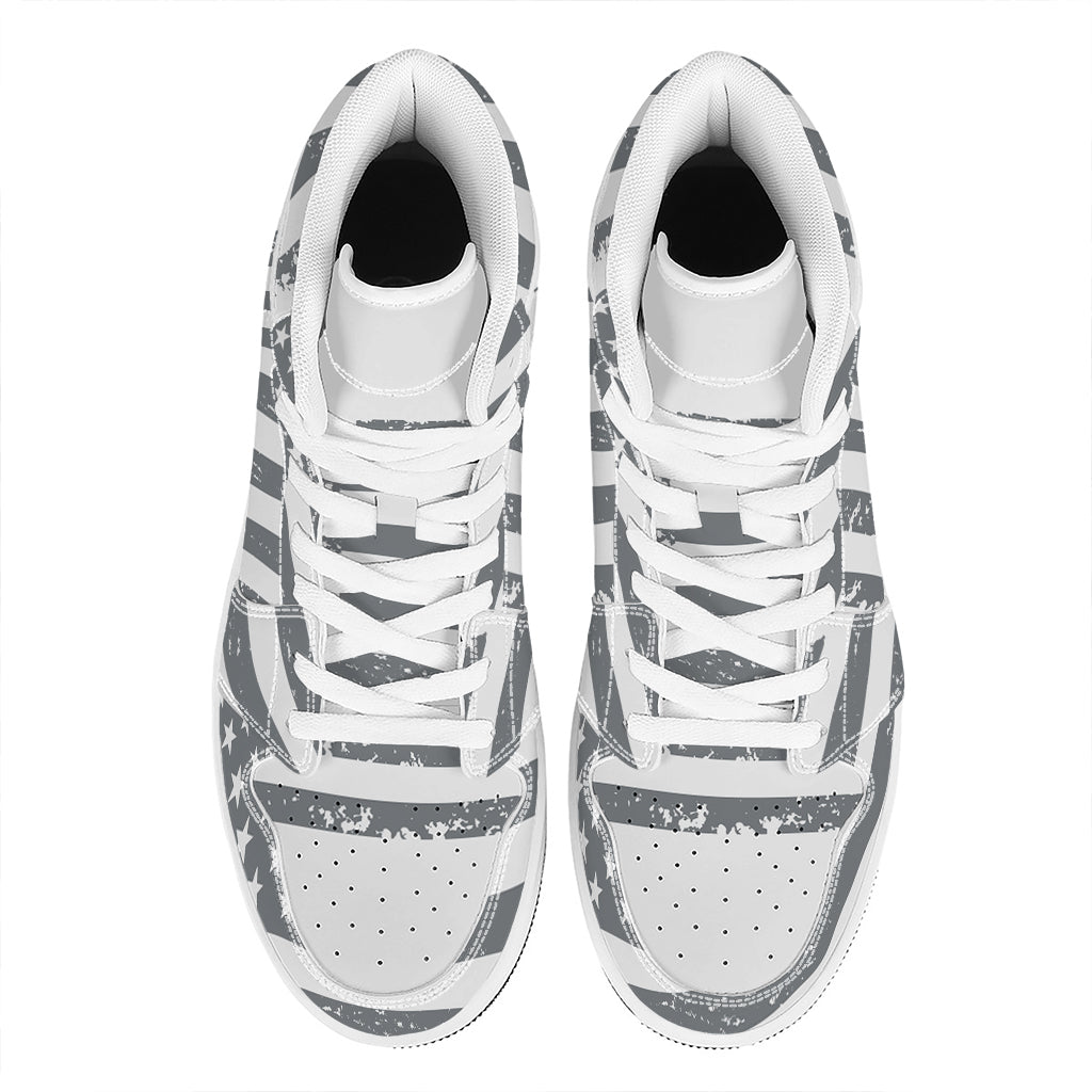 Grey Grunge American Flag Print High Top Leather Sneakers