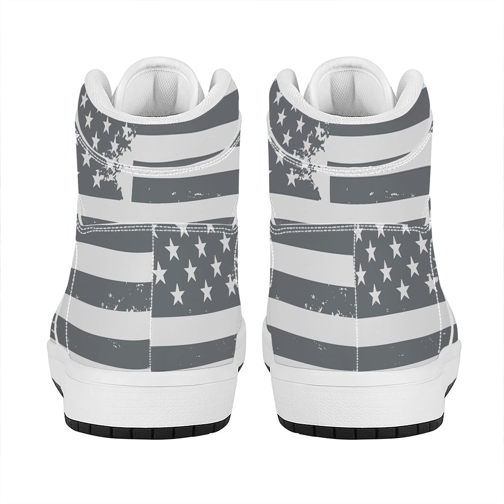 Grey Grunge American Flag Print High Top Leather Sneakers